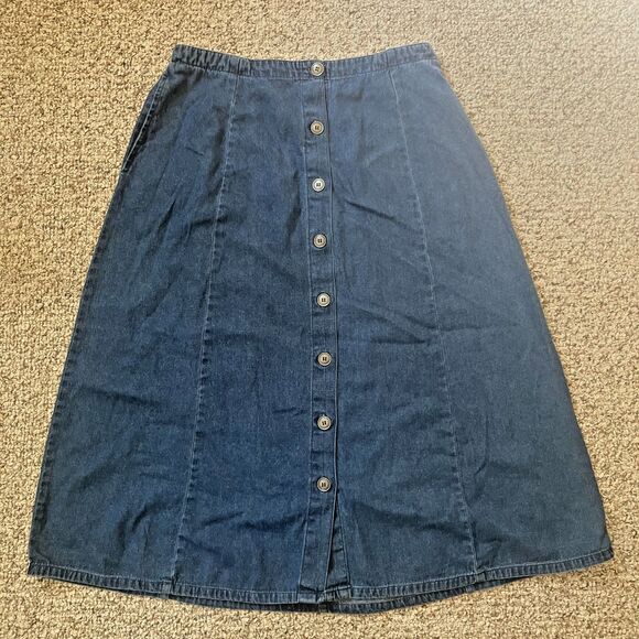 The Vermont Country Store Women Denim Midi Skirt Size M Button Up Cotton Cottage - Picture 1 of 7